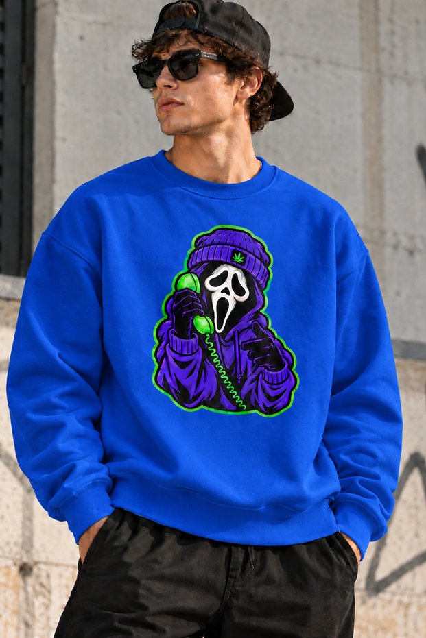 Unisex Oversized Sweatshirt with "Phone Scream Mask" Print – Crew Neck Relaxed-Fit Casual Sweatshirt
