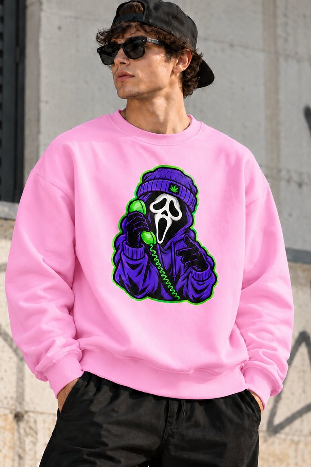 Unisex Oversized Sweatshirt with "Phone Scream Mask" Print – Crew Neck Relaxed-Fit Casual Sweatshirt