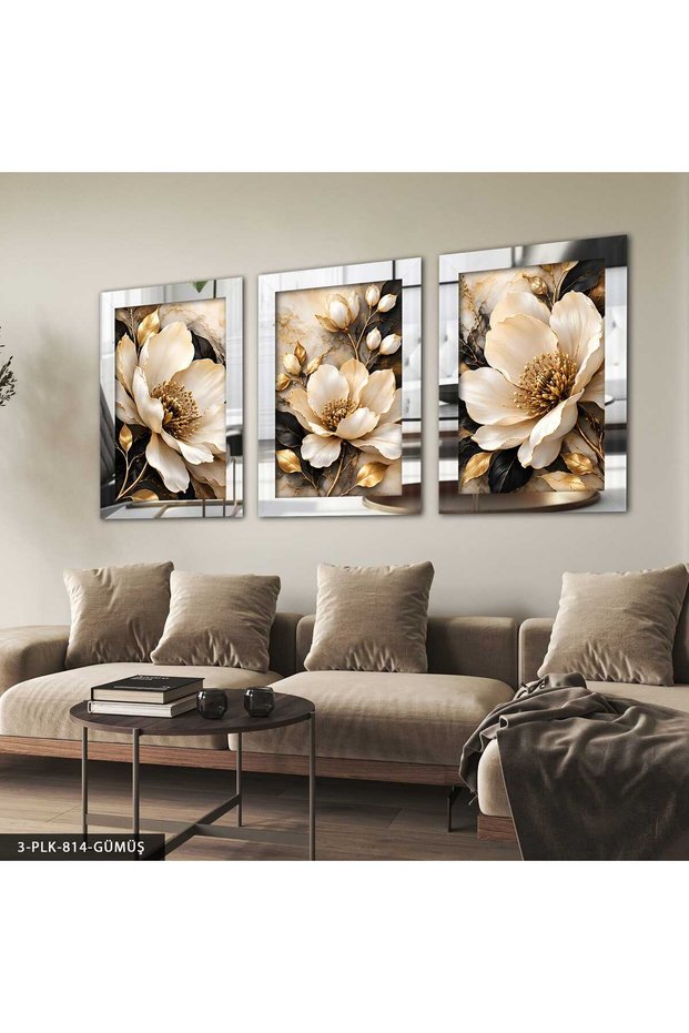 "White Flower on a Ceramic Floor" 3-Piece Plexiglass Mirrored Artwork
