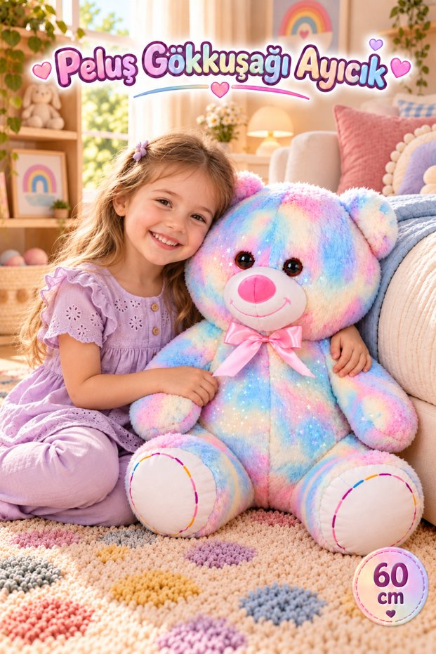 60 cm Plush Rainbow Bear – Colorful, Super Soft, Large Plush Teddy Bear with a Pink Bow Detail