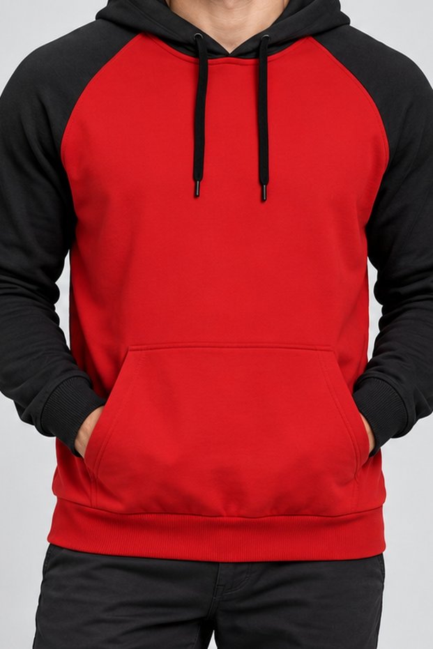 Unisex Red-Black Raglan Hooded Sweatshirt (Unprinted)