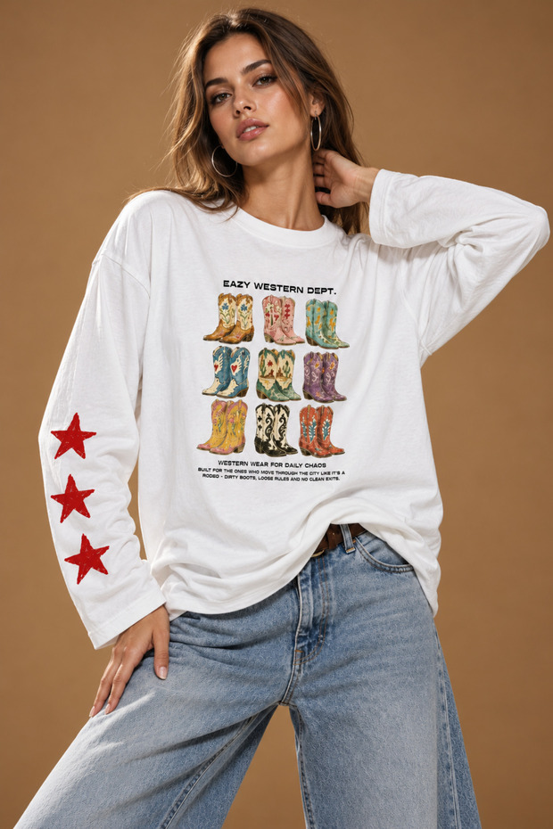 Women's 100% Cotton Oversized Long-Sleeve Boxy-Fit Ecru T-Shirt with Cowboy Boots Print