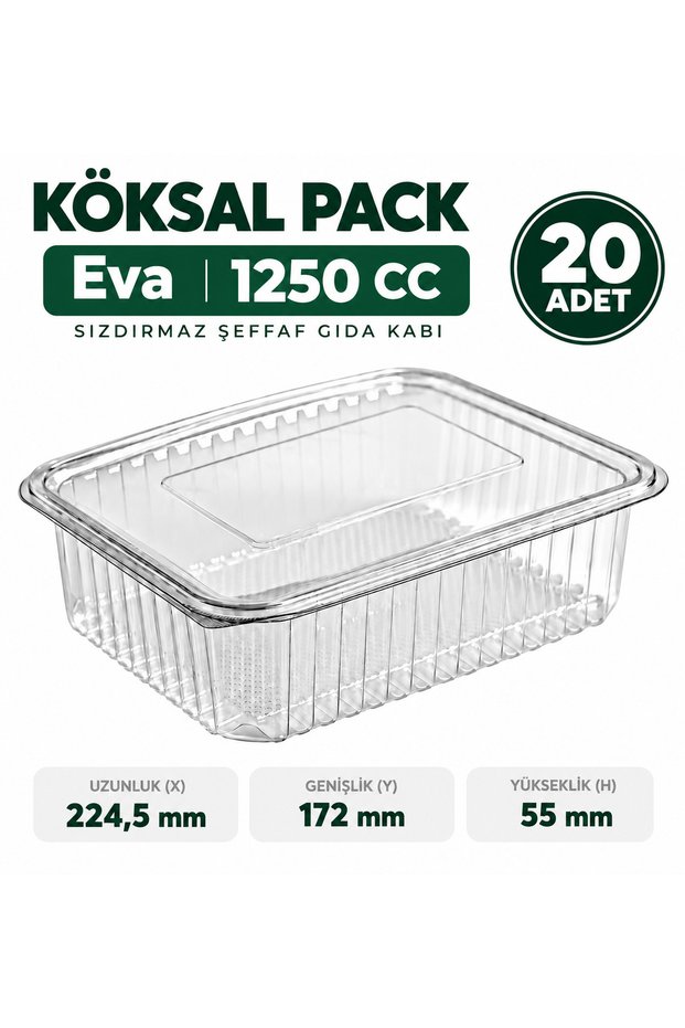 20 Eva 1250 CC Leak-Proof Clear PET Food Containers with Flat Lids for Salads, Appetizers, and Yogurt