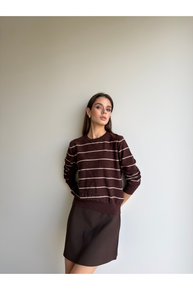Striped, Polka-Dot, Crew-Neck Knit Sweater