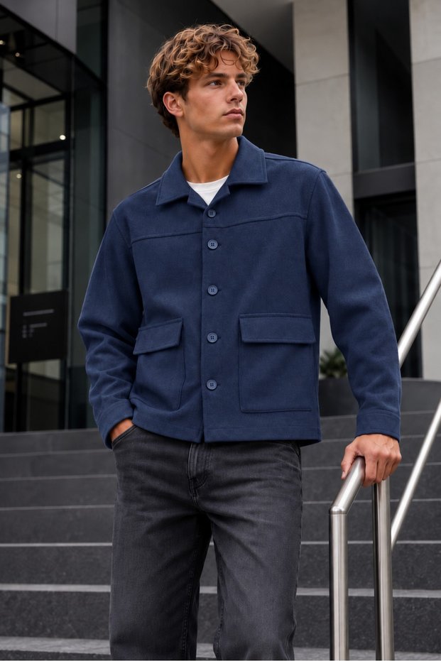 Men's Double-Pocketed, Button-Up, Transitional Navy Blue Jacket