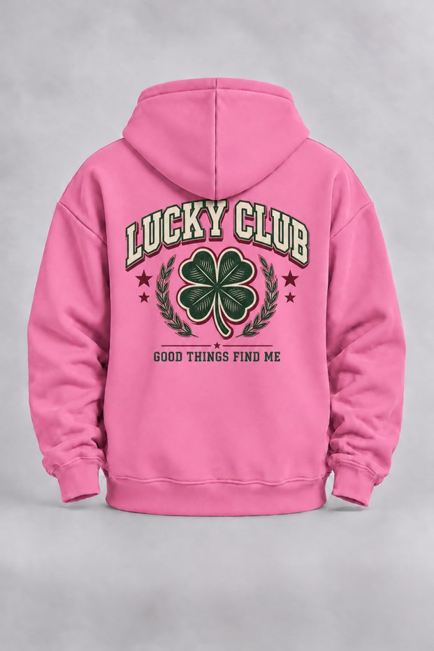 Unisex Lucky Club Pink Hooded Front Zippered Cardigan with Front and Back Prints, 3-Ply