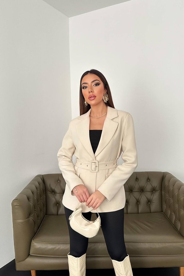 Beige Pocket Flap and Belted Jacket