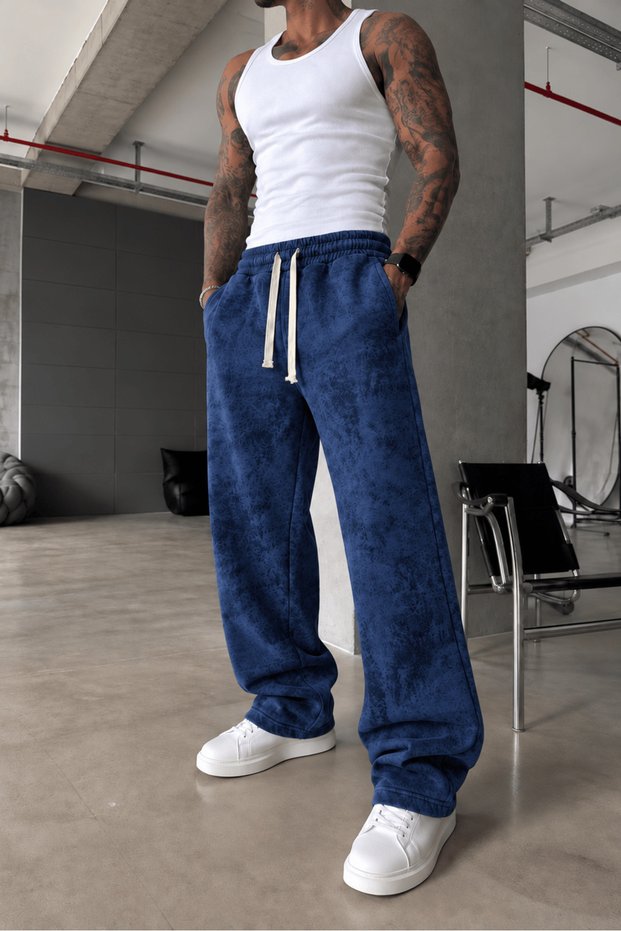 Men's Baggy Acid-Wash 3-Ply Brushed Inside Indigo Sweatpants KE-7033