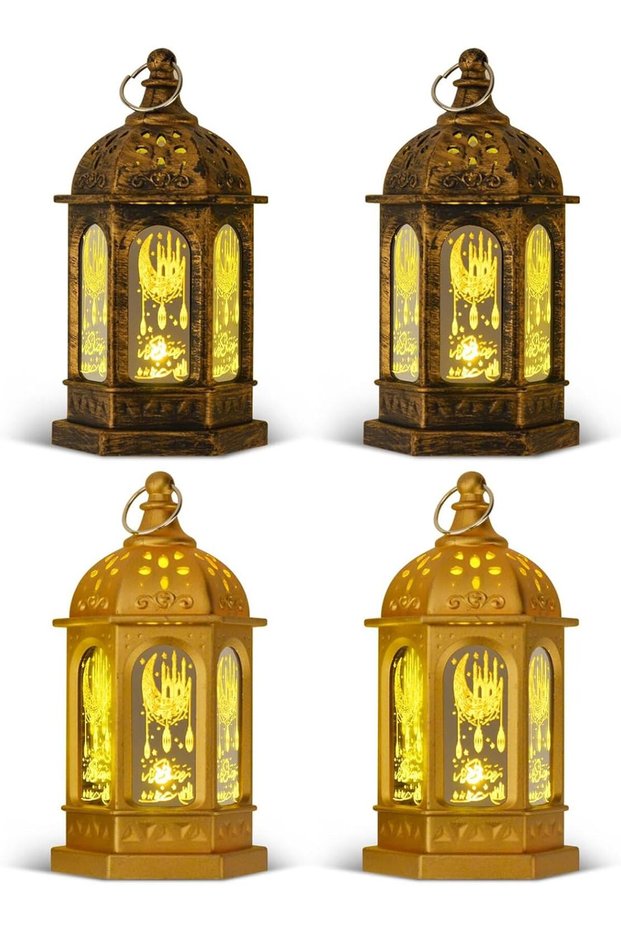 فانوس رمضان، 4 قطع من الفوانيس الذهبية والبرونزية المزودة بإضاءة LED، زينة رمضان، ديكور عيد مبارك