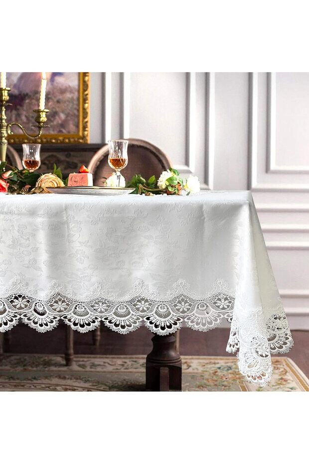 Rectangle Lace Tablecloth, Luxury Floral Embroidered Macrame Table Cover for Formal Dining, Kitchen,