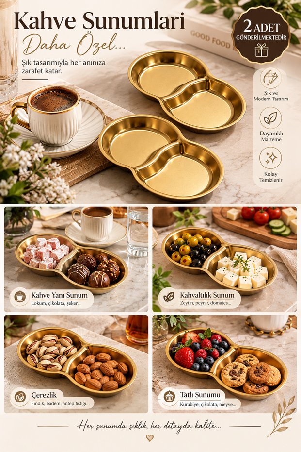 2-Piece Gold Steel 2-Compartment Serving Set – For Breakfast, Snacks, Sauces, Appetizers, and Treats, 13x8.5 cm