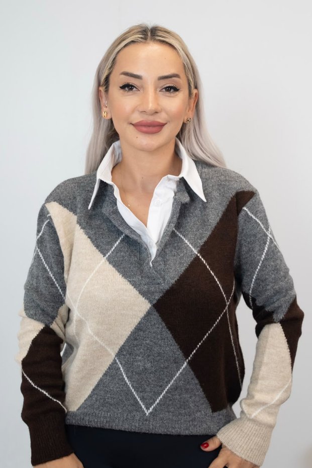 Gray Plaid Shirt-Detail Knit Sweater