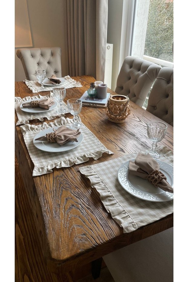 Stain Resistant, Water-Repellent Beige Gingham Ruffled Placemats, Set of 4