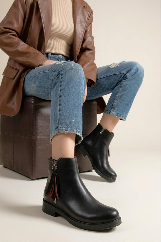 ZRİN-205 Premium Waterproof Black Leaf-Patterned Women's Zip-Up Boots
