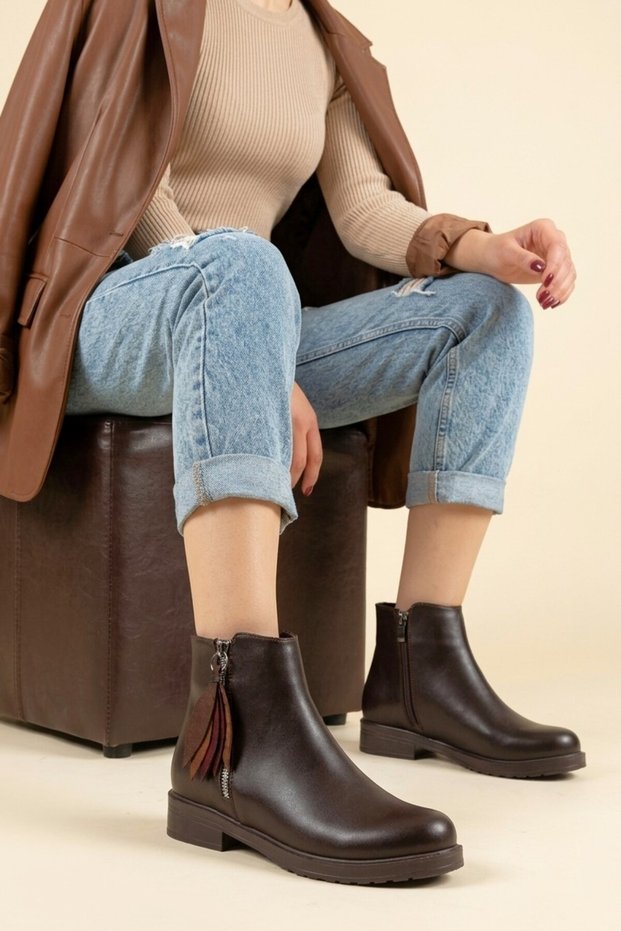 ZRİN-205 Premium Waterproof Women's Boots with Coffee Leaf Pattern and Zipper