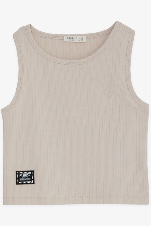 Girls' Tank Top with Embroidered Logo and Rhinestones, Ages 9–14, Beige