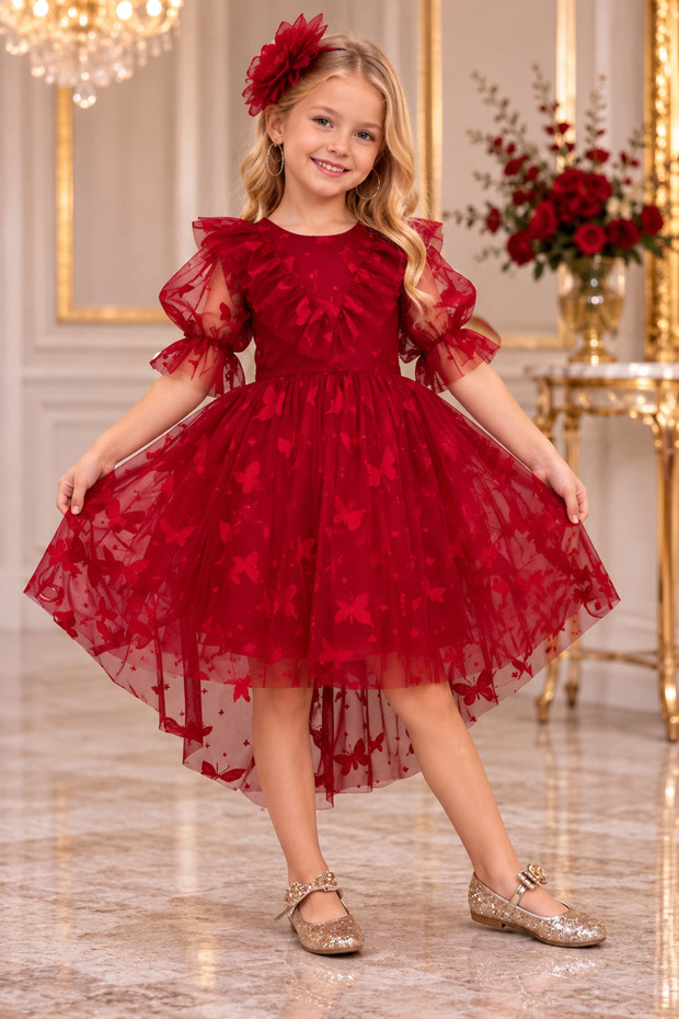 Red Children's Formal Dress with Butterfly Print and Train, Aby211