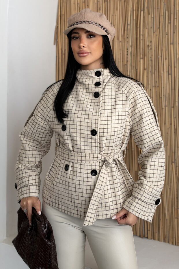 Women's Short Melton Coat with Belted Mock Neck, Stand-Up Collar, and Buttons - Plaid Trench Coat Jacket