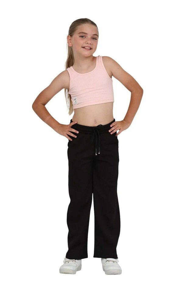 Girls' Palazzo Pants with Elastic Waistband, Drawstring, and Wide, Loose Legs — Black
