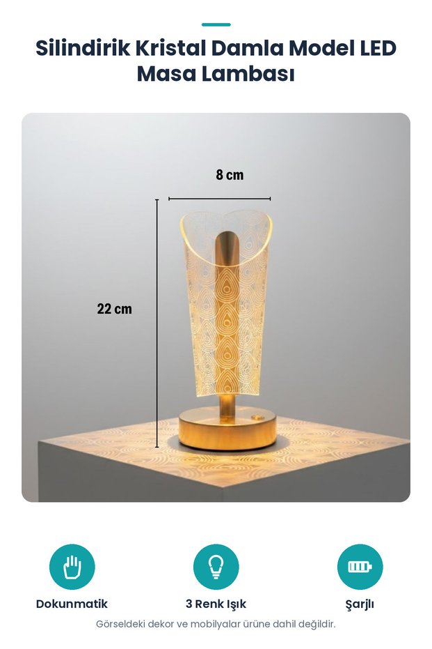 ® Open Cylindrical Crystal Drop Model Led Table Lamp – Gold Base, Texture