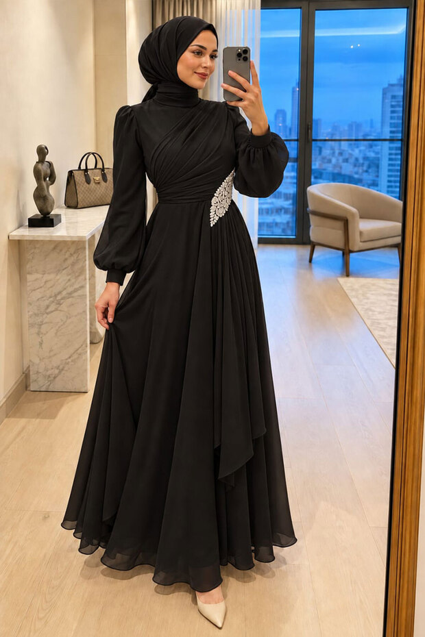 Beaded Detailed Black Hijab Evening Dress 4916S