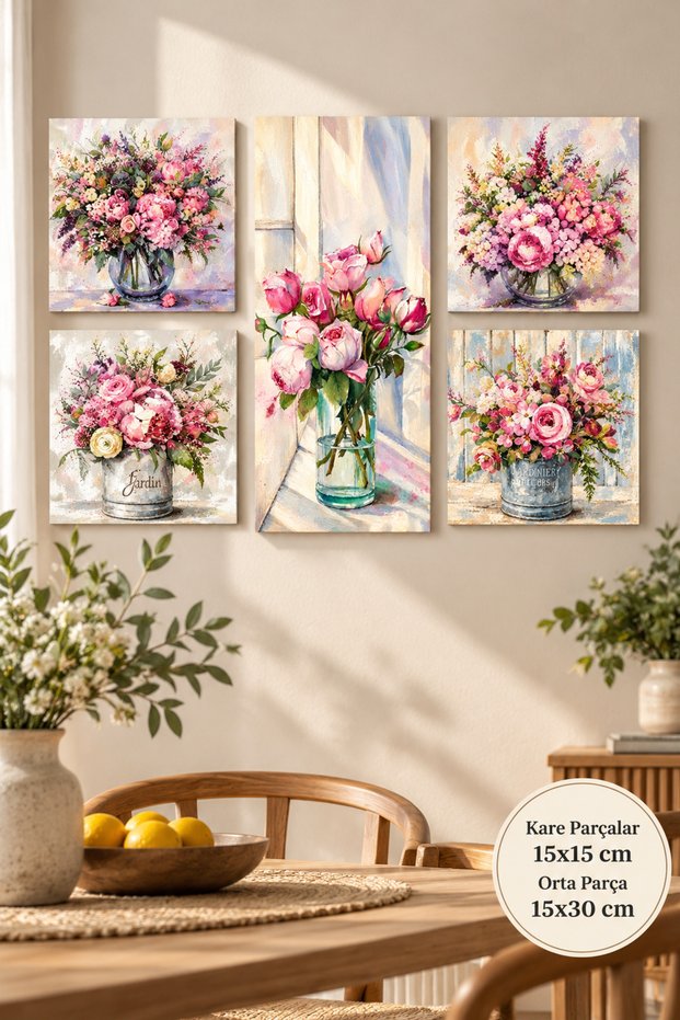 5 Pieces Wood Colored Flowers in Vase Wall Decor - Painting Set for Living Room Living Bedroom Kitchen