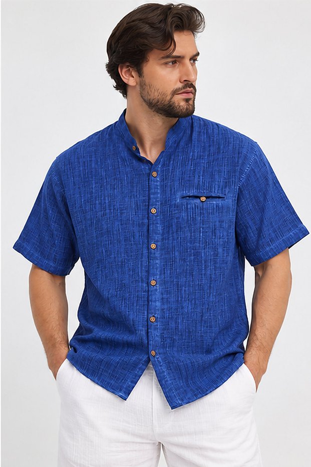 Men’s Shirt - Mandarin Collar Shirt - Short-Sleeve Shirt - Men’s Linen-Dyed Shirt with Fringes - 4700