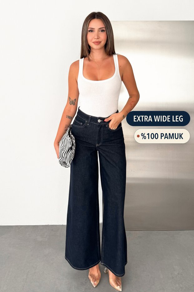 Women's Denim Blue Raw Denim Extra Wide Leg High Waist 100% Cotton Jean Denim Pants Angel-2062
