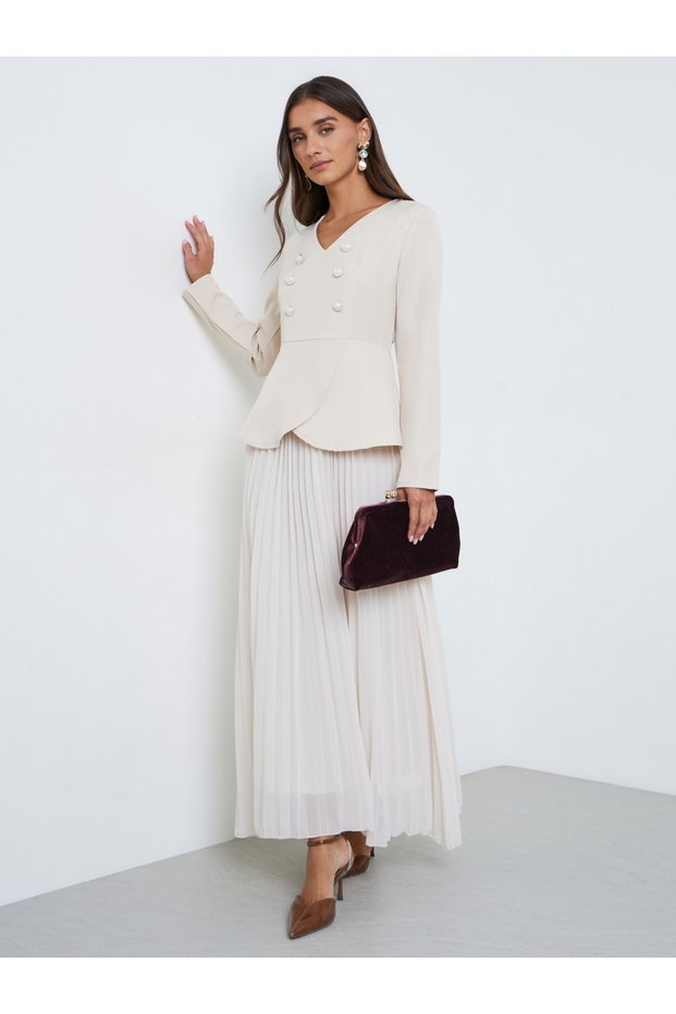 Cream Long Sleeve Pleated Blazer Maxi Dress