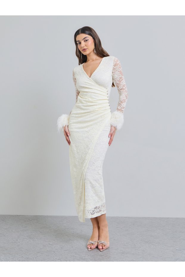 Cream Lace Wrap Front Midi Dress with Faux Fur
