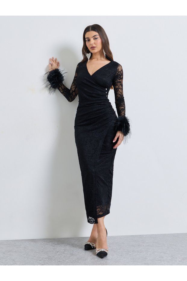Black Lace Wrap Front Midi Dress with Faux Fur