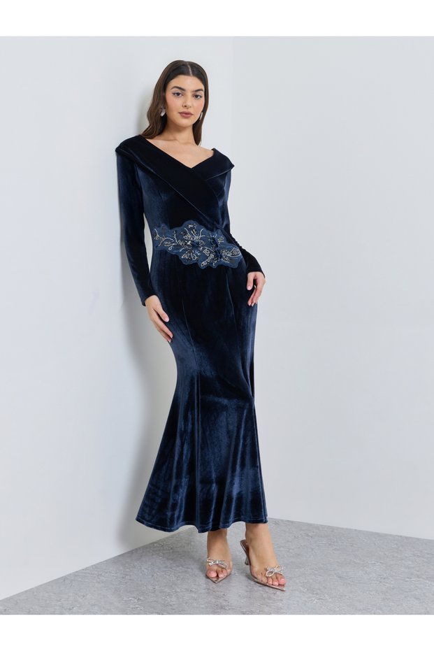 Navy Blue Embellished Velvet-Look Mermaid Hem Maxi Dress