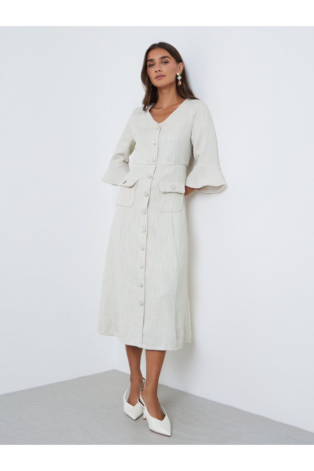 Off White Tweed-Look Midi Dress with 3/4 Sleeves