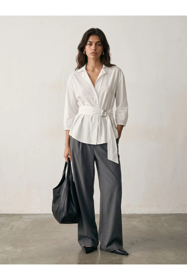 Off White Cotton Poplin Wrap Shirt with Belt