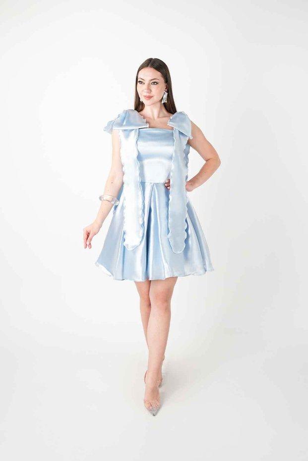 Organza Satin Fabric Princess Mini Dress - Baby Blue