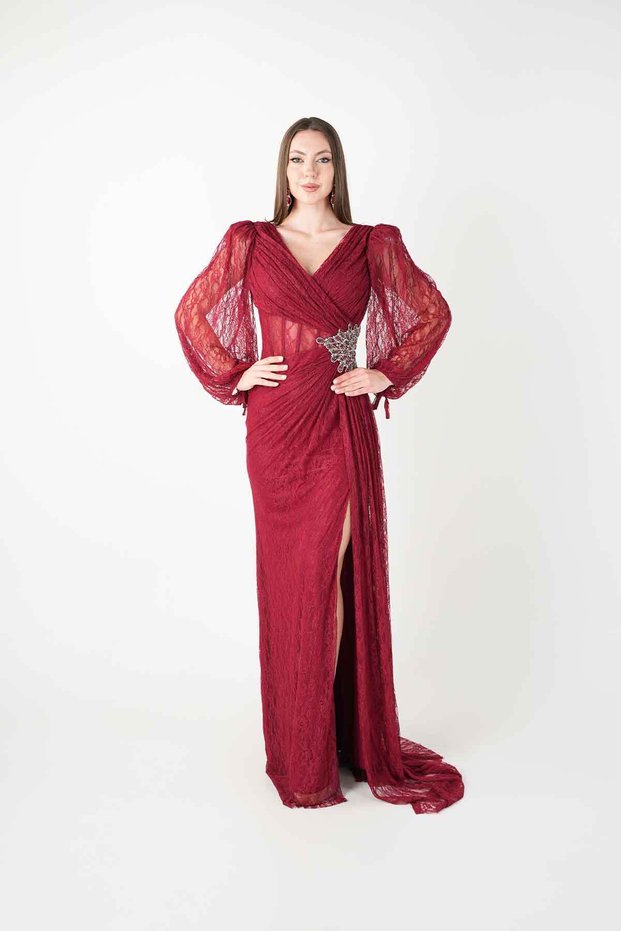 Full Lace Fabric Evening Dress with Underwire Detail - Bordo