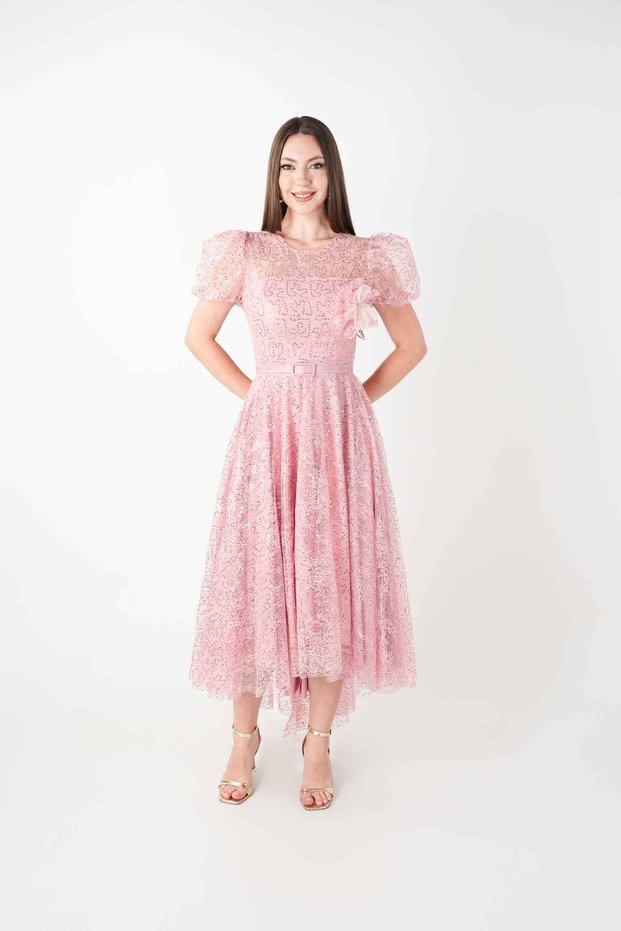 Lace Sequin Fabric Balloon Sleeve Dress - Powder