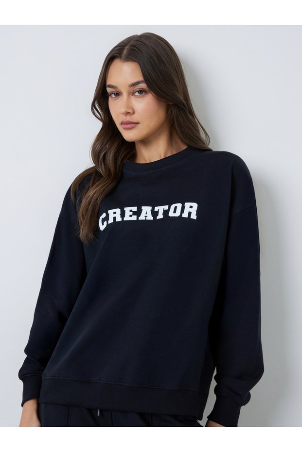 Black Oversized Longline Slogan Print Sweatshirt