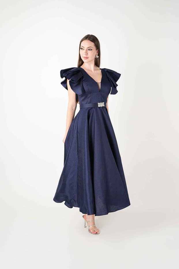 Taffeta Fabric Shoulder Flounce Midi Dress - Dark Blue