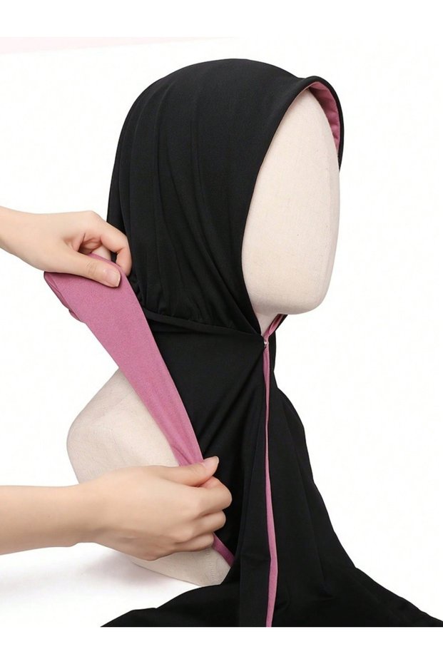 Black and Pink Double Layer Buttoned Hijab