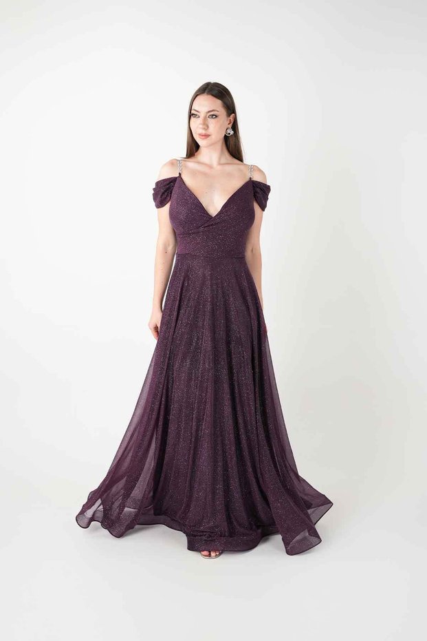 Glitter Fabric Boat Neck Evening Dress - Patlican Purple