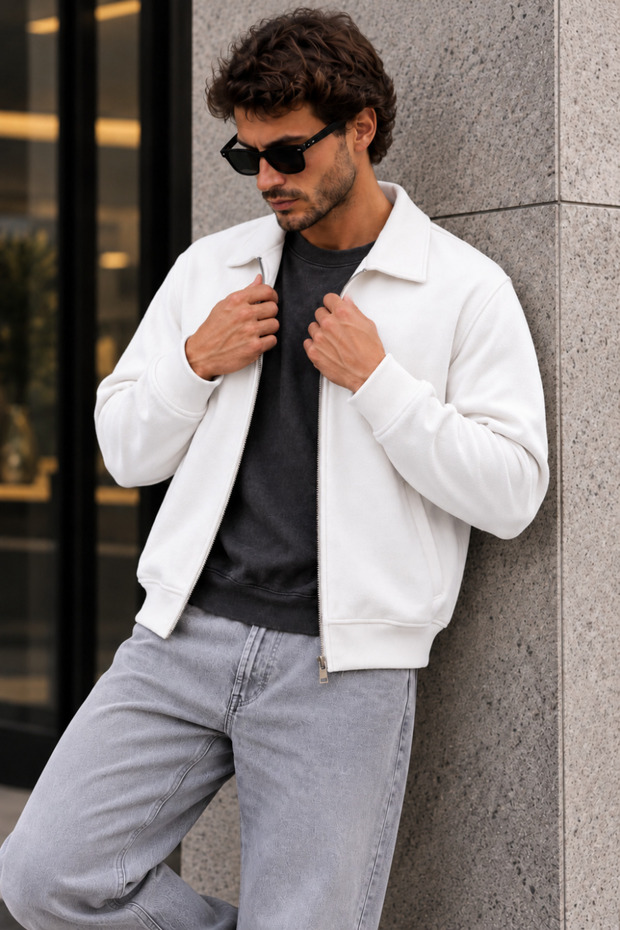 Men's White Jacket with Zipper and Zippered Pockets