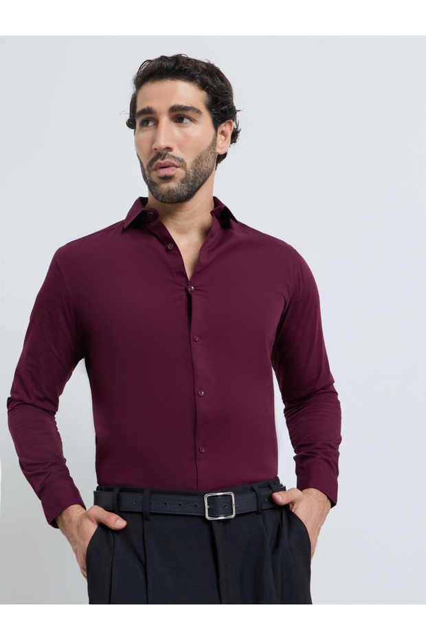 Men Maroon Poplin Solid Regular Fit Shirt