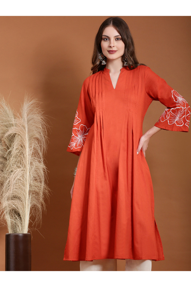 Rust Embroidered A-Line Kurta