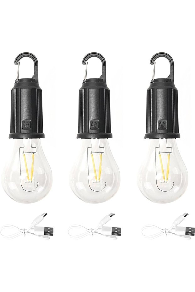 مجموعة من 3 مصابيح تخييم معلقة - الطراز الأول - فانوس LED قابل لإعادة الشحن عبر USB، مصباح على شكل حرف A مع مشبك