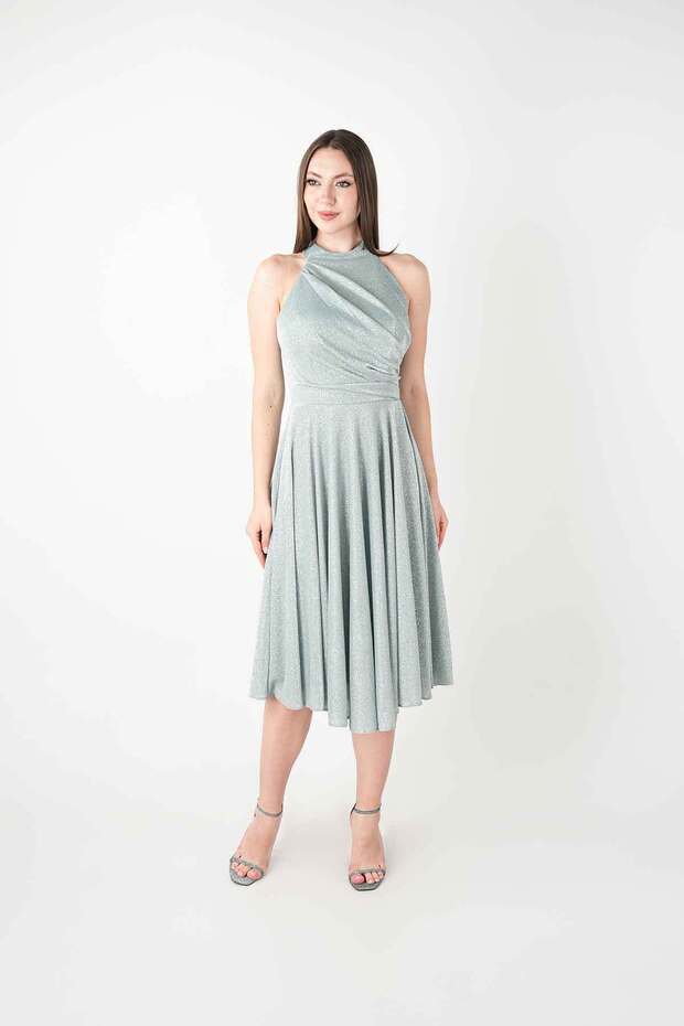 Glittery Fabric Halter Neck Midi Dress - Mint Green
