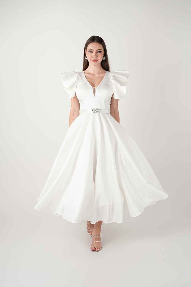 Taffeta Fabric Shoulder Flounce Midi Dress - White