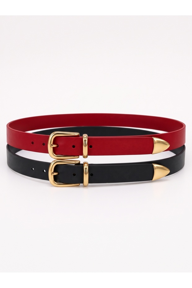 Genuine Leather Women's Belt with Gold Buckle and Metal Tips - 3 cm Belt for Jeans and Cloth Pants