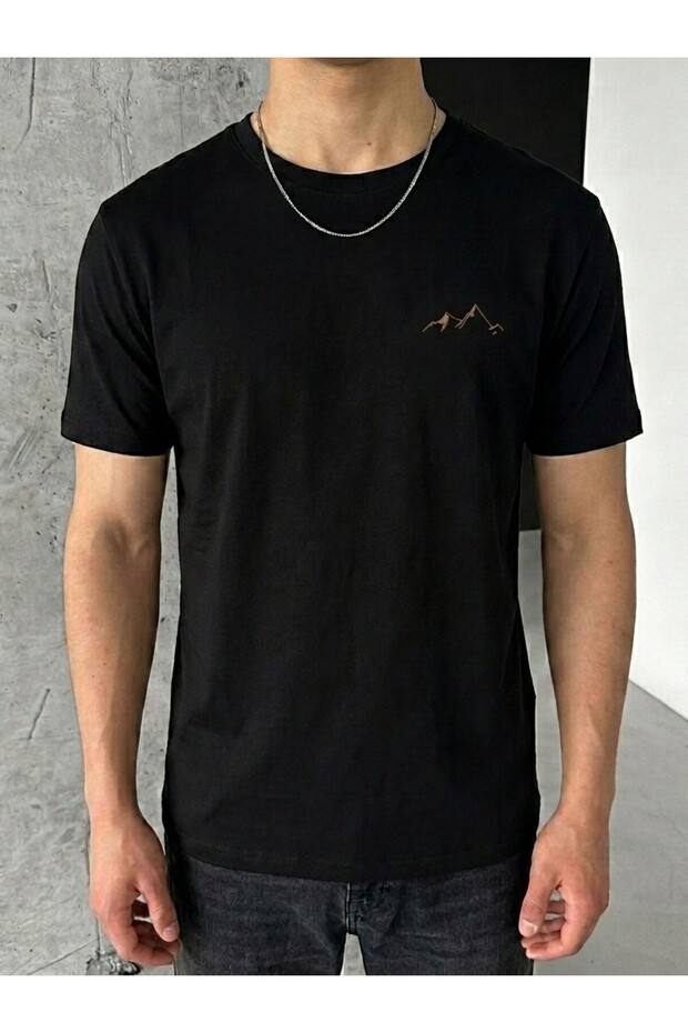 Men's Mountain Print T-Shirt, 100% Cotton, Regular Fit, Crew Neck, Short-Sleeved - Black