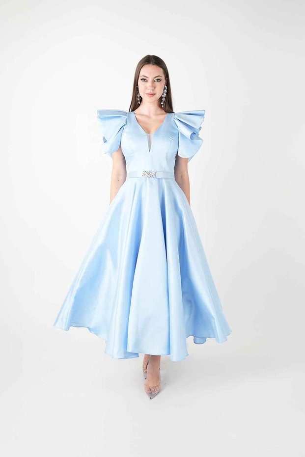 Taffeta Fabric Shoulder Ruffle Midi Dress - Baby Blue